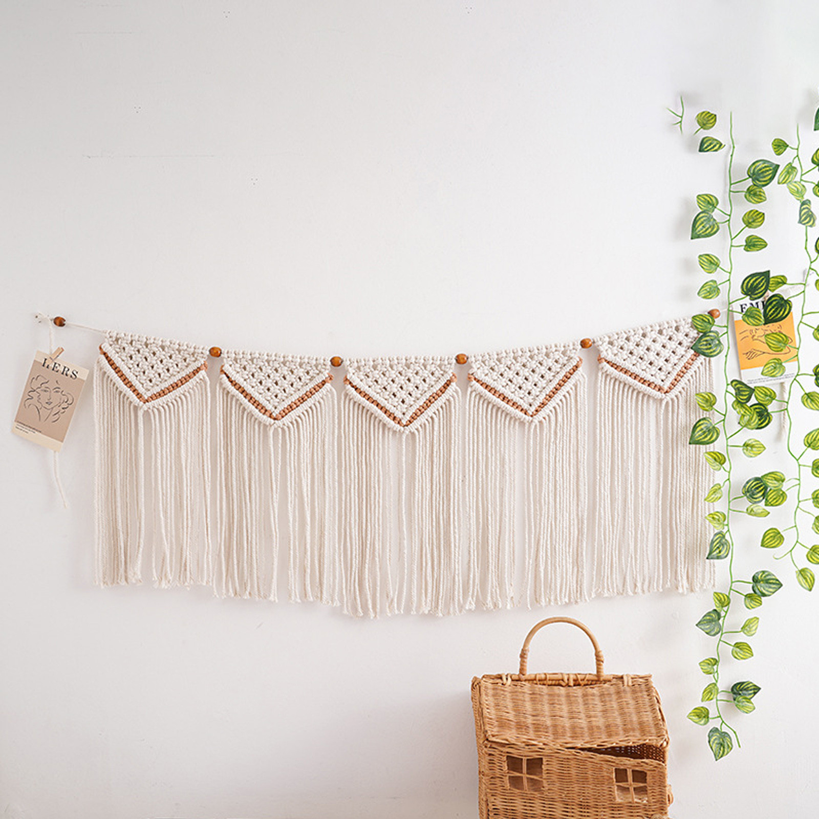 Bohemian Wall Hanging Tapestry Hand Woven Cotton Macrame Curtain with Lace Fringe, Beige Wall Decoration for Living Room Office Home Decor, 39.37x15.75 inches, 1.1lb Boho Art Hanging for Bedroom